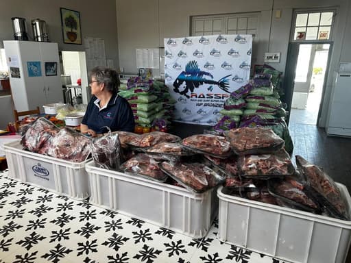 Donated stewing beef and food supplies prepared for delivery to Meals on Wheels Struisbaai